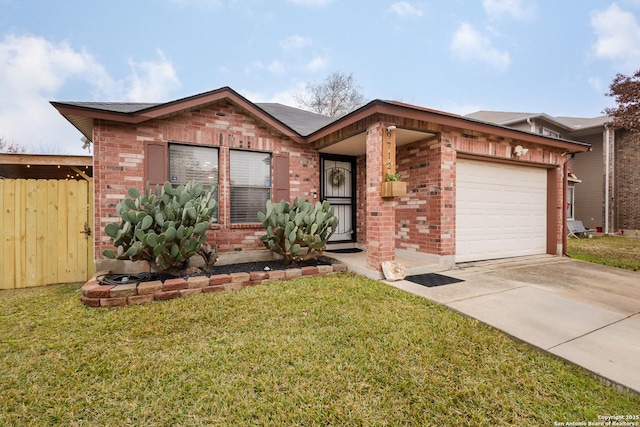 single story home featuring a garage and a front lawn