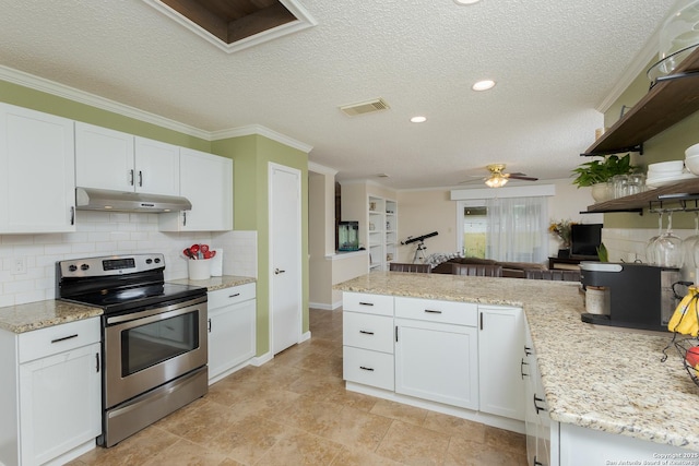 kitchen with white cabinets, ceiling fan, stainless steel electric range oven, and a textured ceiling