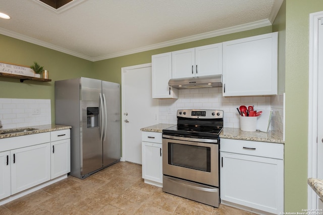 kitchen featuring backsplash, sink, ornamental molding, appliances with stainless steel finishes, and white cabinetry