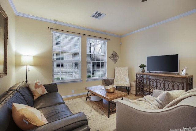 living room featuring crown molding