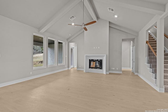 unfurnished living room featuring beam ceiling, light hardwood / wood-style flooring, high vaulted ceiling, and ceiling fan