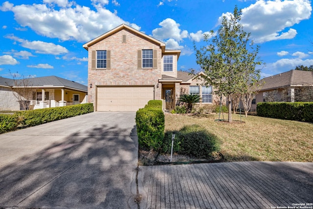 front facade with a garage and a front lawn