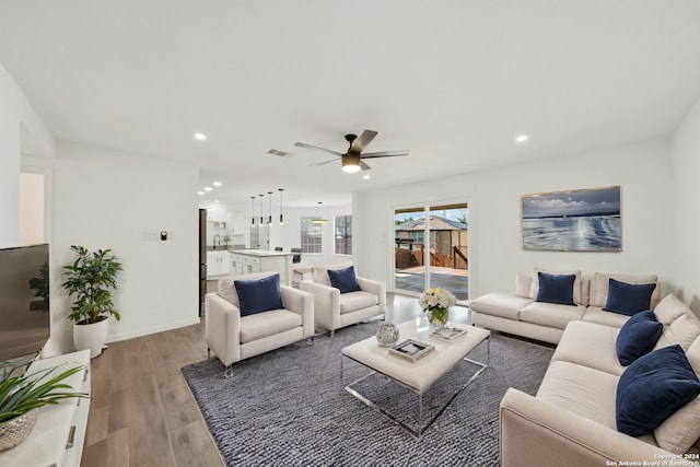 living room featuring ceiling fan and wood-type flooring