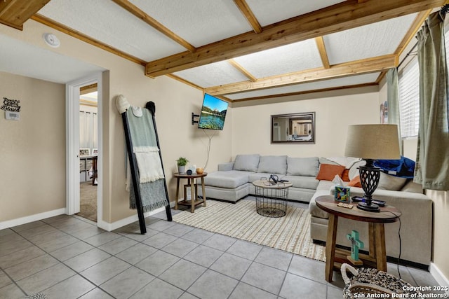 living room featuring light tile patterned floors and a textured ceiling