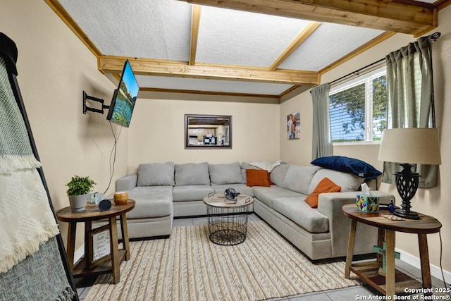 living room with a textured ceiling