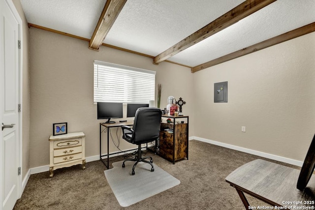 carpeted home office with beam ceiling, a textured ceiling, and electric panel