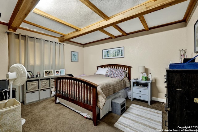 bedroom featuring beam ceiling and carpet floors