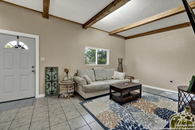 tiled living room featuring beamed ceiling