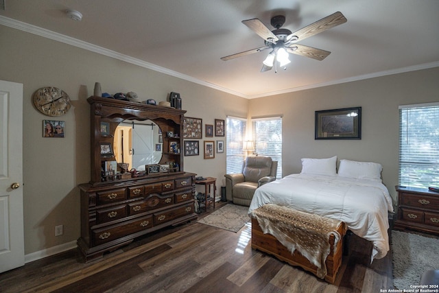 bedroom with ceiling fan, dark hardwood / wood-style floors, and ornamental molding