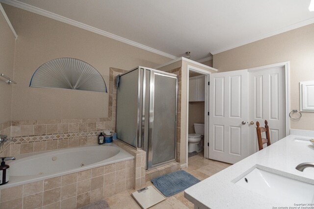 full bathroom with vanity, separate shower and tub, crown molding, tile patterned flooring, and toilet