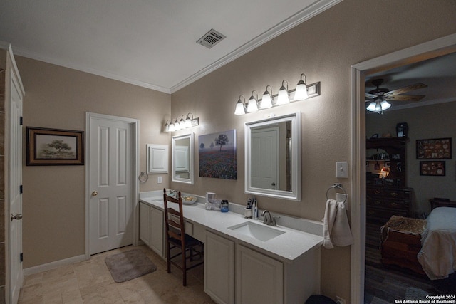 bathroom featuring vanity, ceiling fan, and crown molding