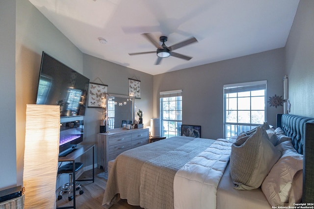 bedroom featuring ceiling fan, wood-type flooring, and multiple windows