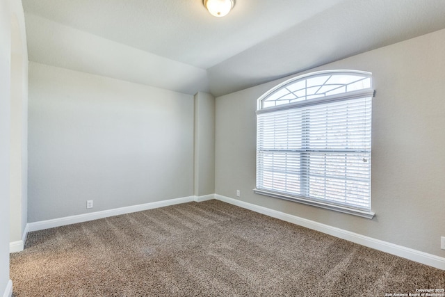 empty room with a wealth of natural light, carpet floors, and vaulted ceiling