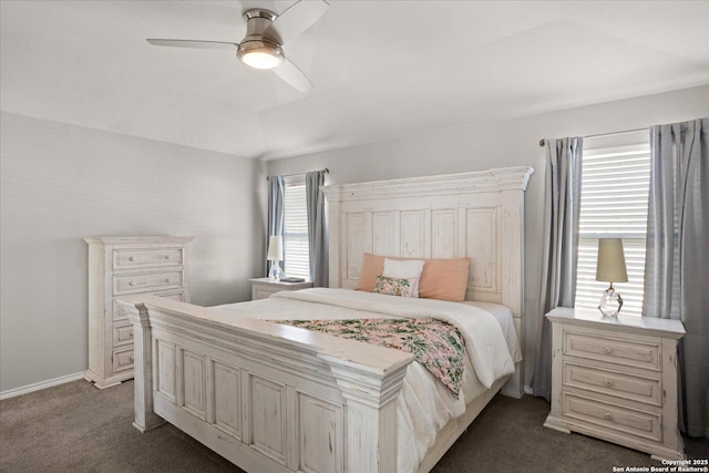 carpeted bedroom with ceiling fan, a raised ceiling, and multiple windows