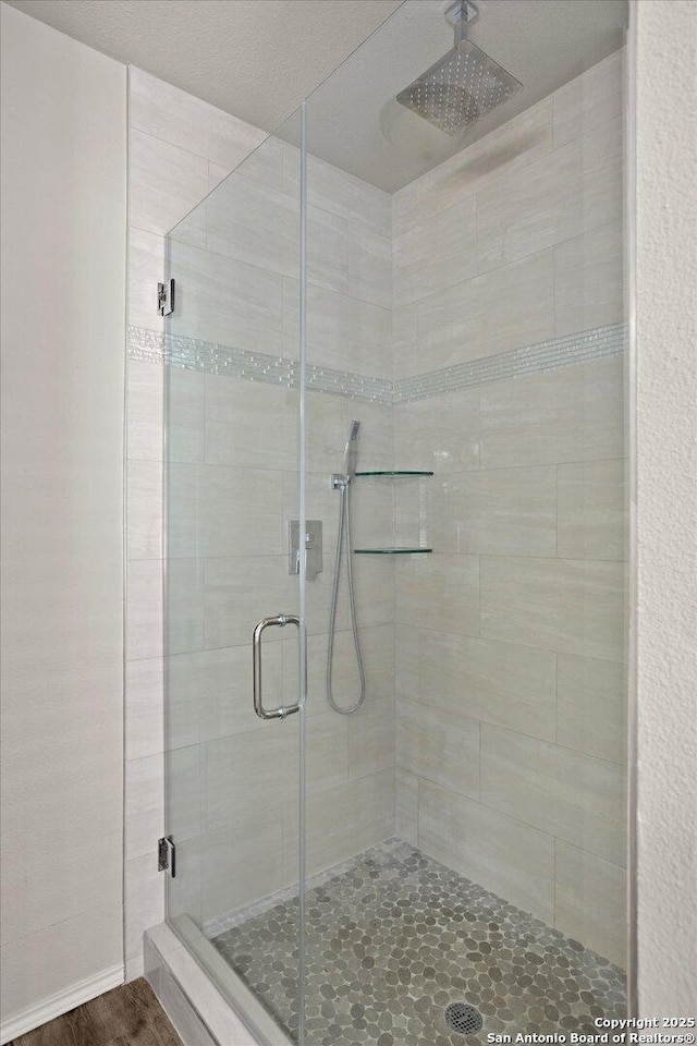 bathroom featuring a shower with shower door