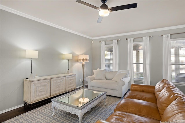 living room with ceiling fan, crown molding, and wood-type flooring