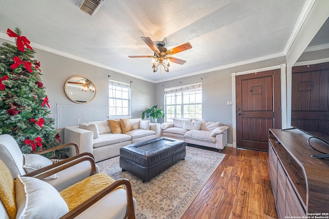 living room featuring dark hardwood / wood-style floors, ceiling fan, ornamental molding, and a textured ceiling