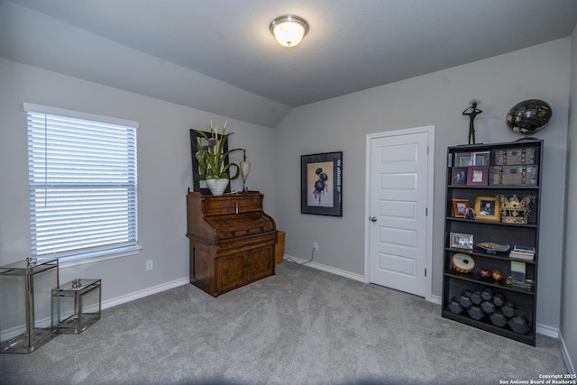 miscellaneous room with light carpet and vaulted ceiling