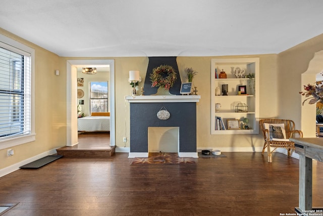 living room with built in shelves and dark hardwood / wood-style floors