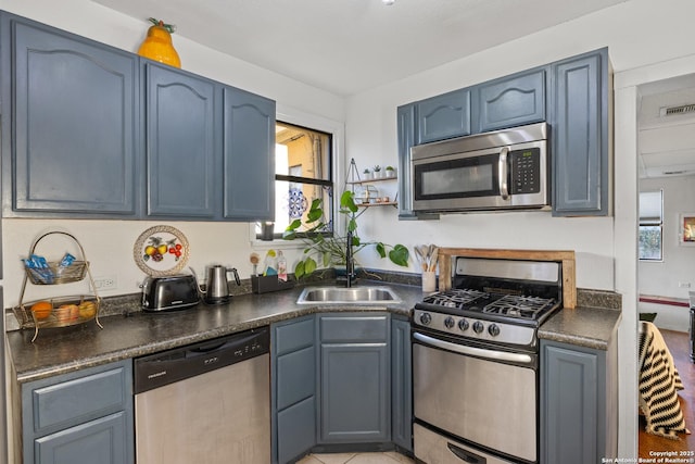 kitchen featuring sink, blue cabinets, and stainless steel appliances