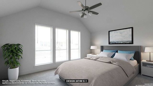 bedroom featuring light colored carpet, vaulted ceiling, and ceiling fan