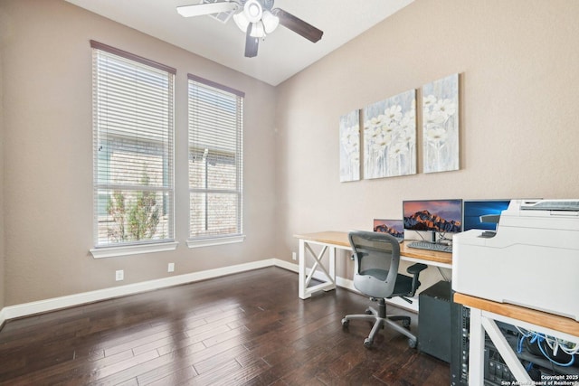 home office with dark hardwood / wood-style floors, plenty of natural light, and ceiling fan