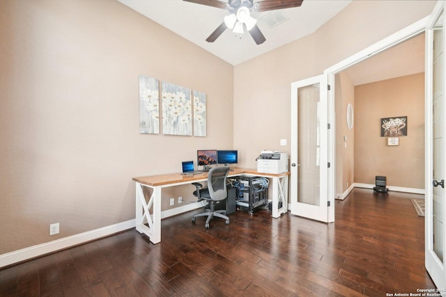 office featuring french doors, dark hardwood / wood-style flooring, and ceiling fan