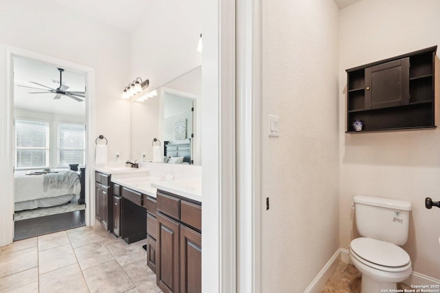 bathroom with ceiling fan, tile patterned flooring, vanity, and toilet