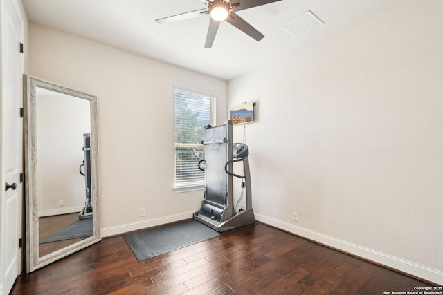 workout room featuring ceiling fan and dark hardwood / wood-style flooring