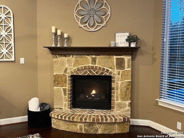 details with a stone fireplace and wood-type flooring