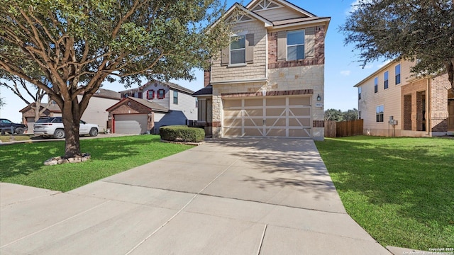 craftsman inspired home with a garage and a front lawn