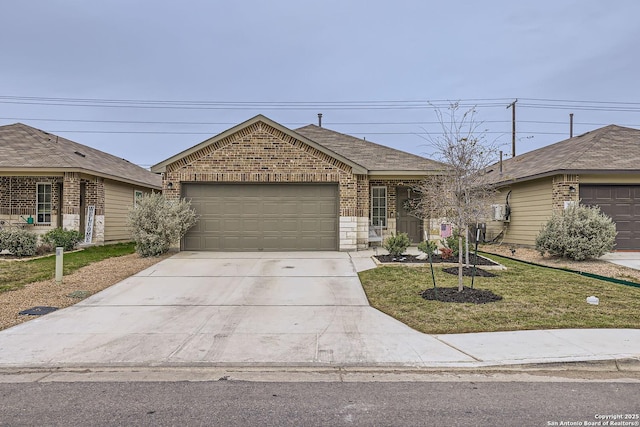 single story home featuring a front yard and a garage