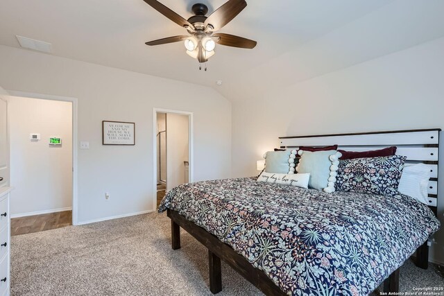 2917 Brogan Crk, New Braunfels, TX 78130 - bedroom with ceiling fan, carpet floors, and lofted ceiling