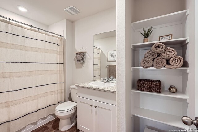 2917 Brogan Crk, New Braunfels, TX 78130 - bathroom with hardwood / wood-style floors, vanity, and toilet