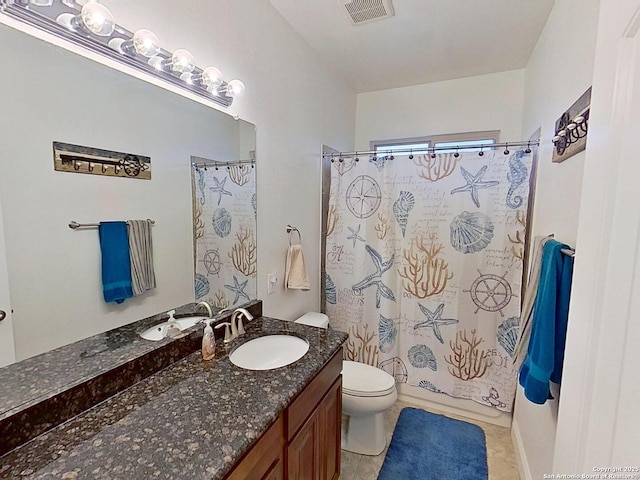 full bathroom featuring tile patterned flooring, shower / tub combo, vanity, and toilet