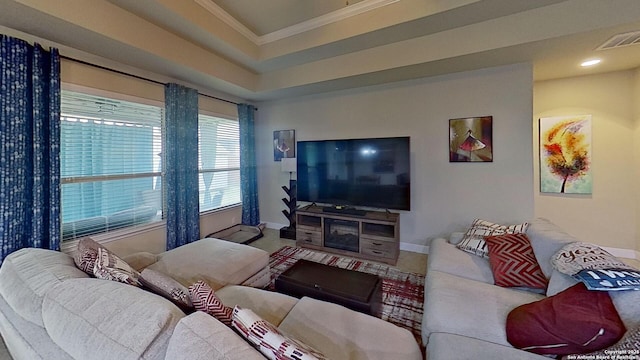 living room with crown molding