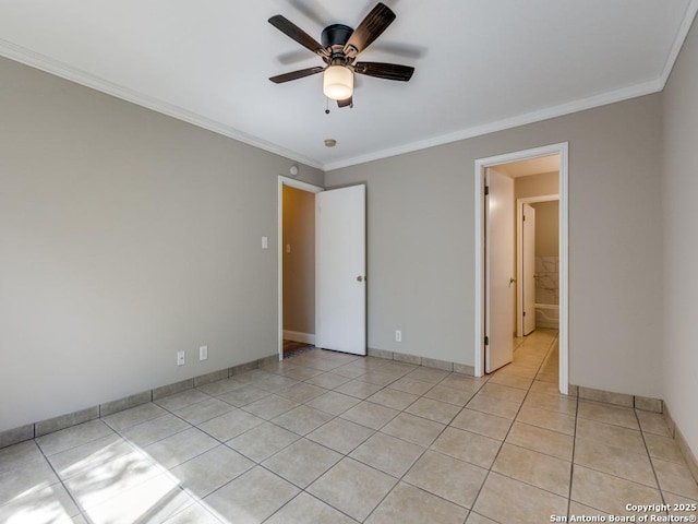 unfurnished bedroom featuring ensuite bath, ceiling fan, ornamental molding, and light tile patterned flooring