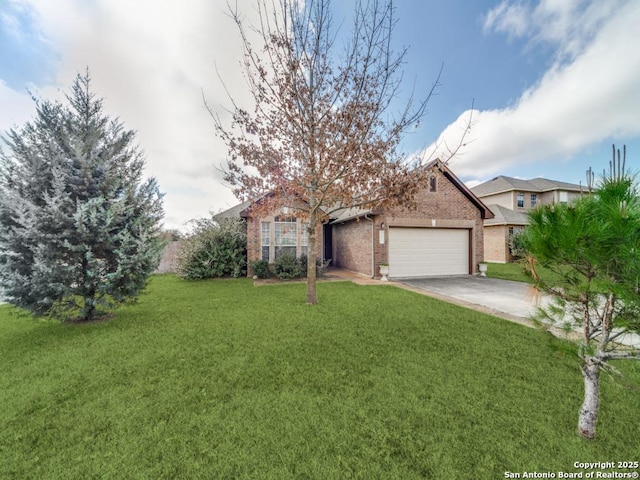 ranch-style home featuring a garage and a front lawn