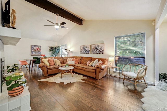 living room with beamed ceiling, ceiling fan, dark hardwood / wood-style flooring, and high vaulted ceiling