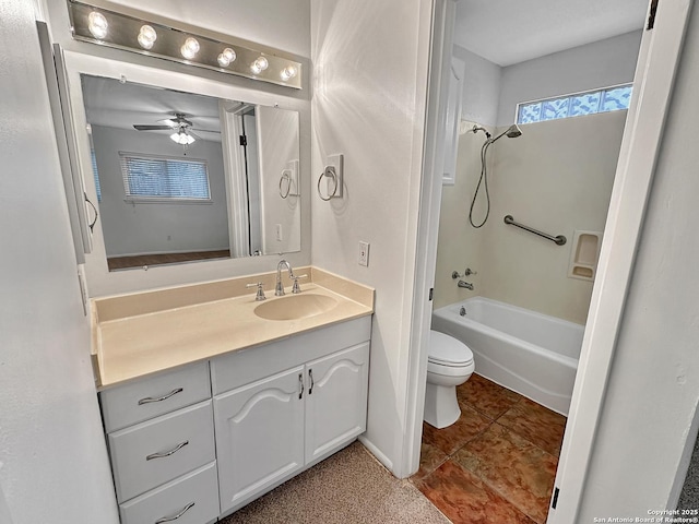 full bathroom featuring shower / bathing tub combination, ceiling fan, vanity, and toilet