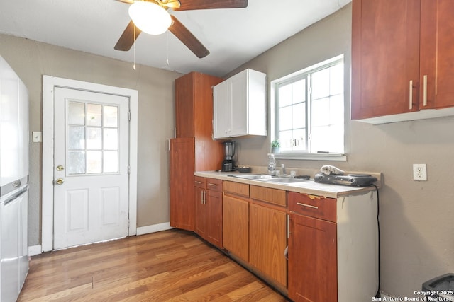 kitchen with ceiling fan, sink, and light wood-type flooring