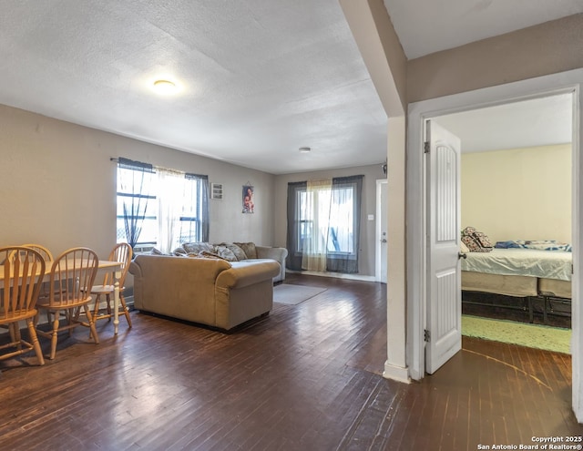 living room with dark hardwood / wood-style flooring and a textured ceiling