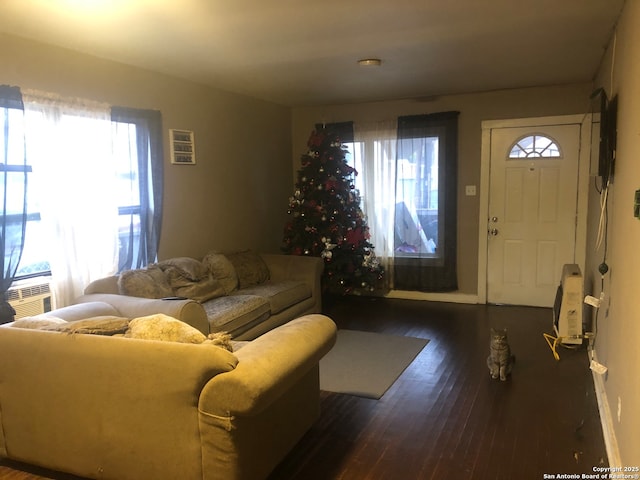 living room featuring a healthy amount of sunlight and dark hardwood / wood-style floors