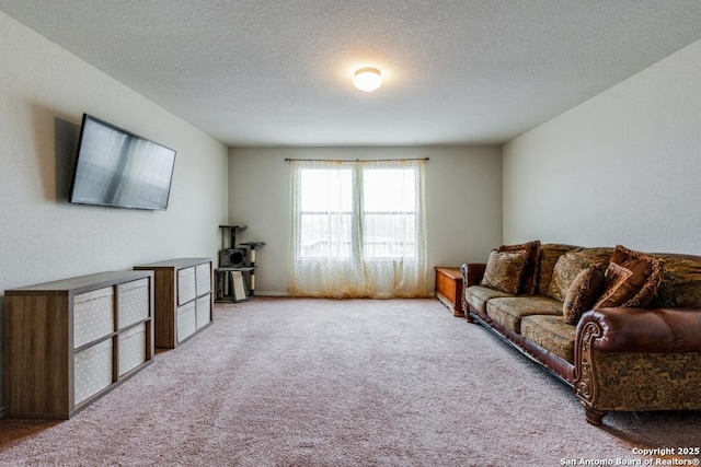 living room featuring light carpet and a textured ceiling