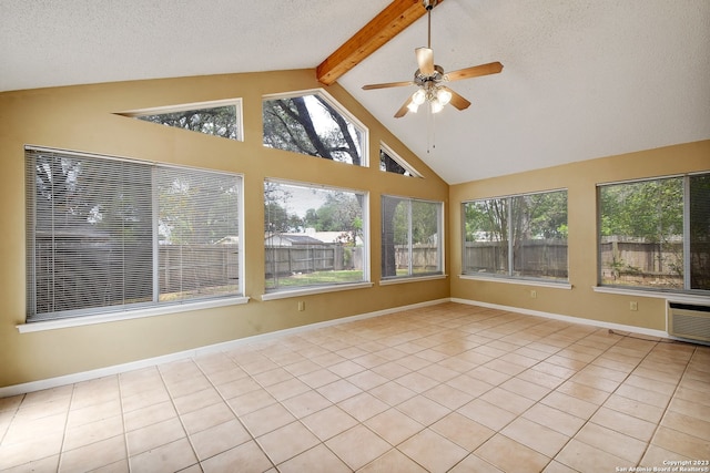 unfurnished sunroom featuring lofted ceiling with beams and ceiling fan