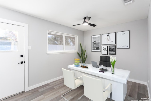 office area featuring ceiling fan and light wood-type flooring