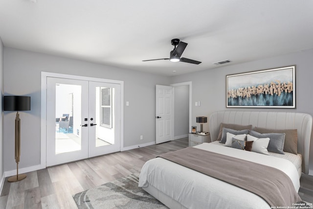 bedroom featuring access to exterior, ceiling fan, french doors, and light wood-type flooring