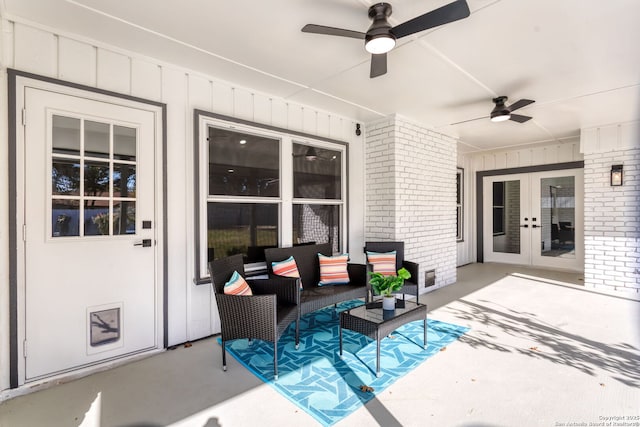 view of patio with french doors, an outdoor living space, and ceiling fan