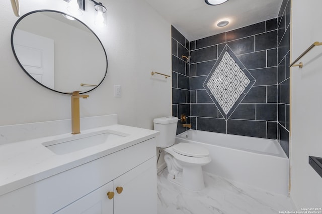 full bathroom with vanity, tiled shower / bath combo, and toilet