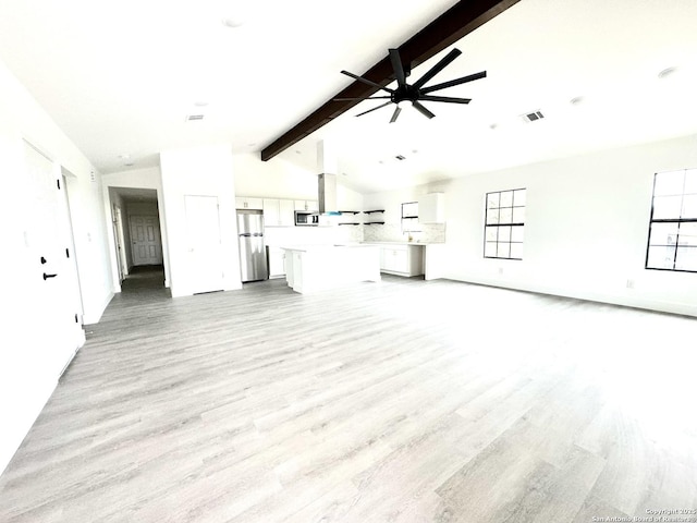 unfurnished living room with lofted ceiling with beams, ceiling fan, and light hardwood / wood-style floors